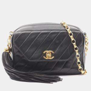 Pre Owned Chanel Coco Mark Bias Stitch Shoulder Bag In Lambskin Leather Black