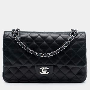 Pre Owned Chanel Black Medium Classic Lambskin Double Flap