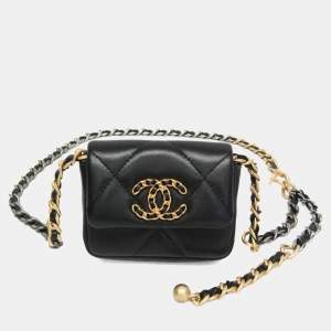 Pre Owned Chanel Chanel 19 Chain Belt Bag Leather Fanny Pack Black