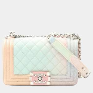 Pre Owned Chanel Boy Chanel Small Shoulder Bag In Grained Calfskin Caviar Pink Multicolor