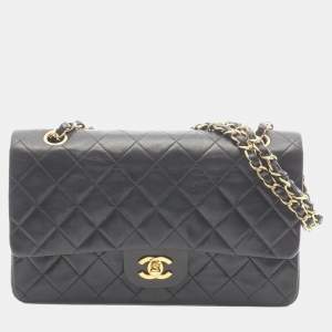 Pre Owned Chanel Matelasse Double Flap Shoulder Bag In Lambskin Leather Black