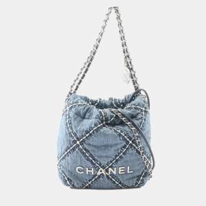 Pre Owned Chanel 22 Mini Shoulder Bag Denim And Leather Blue