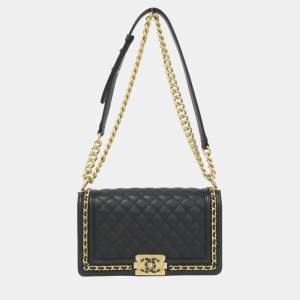 Pre Owned Chanel Boy Line Black Calf Leather Shoulder Bag