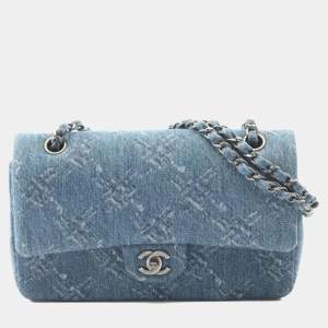 Pre Owned Chanel Coco Mark Blue Denim Double Flap Shoulder Bag 
