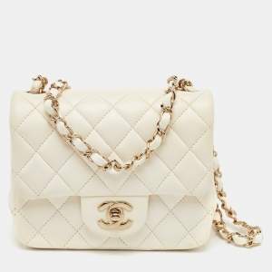 Pre Owned Chanel Classic Square Mini White Quilted Leather Single Flap Bag