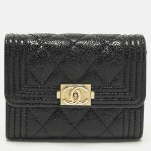 Pre Owned Chanel Boy Black Quilted Caviar Leather Flap Card Holder