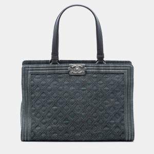 Pre Owned Chanel Blue Quilted Denim Boy Shopping Tote