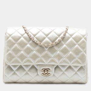 Pre Owned Chanel Gold CC Quilted Metallic Lambskin Flap Clutch on Chain
