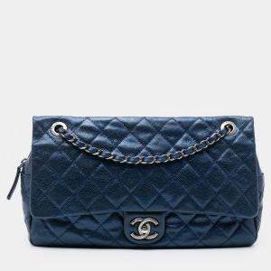 Pre Owned Chanel Blue Jumbo Quilted Iridescent Caviar Easy Flap