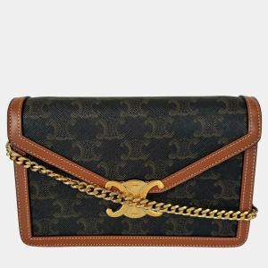 Pre Owned Celine Triomphe Shoulder Bag Dark Brown Compact Mini With Logo