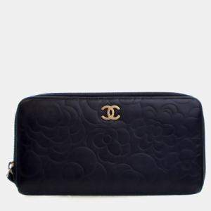 Pre Owned محفظة شانييل كامليا جلد حمل أسود بسحاب طويل