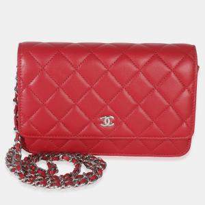 مملوكة مسبقًا Chanel Rouge Red Quilted Lambskin Classic Wallet On Chain