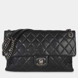 Pre Owned حقيبة شانيل فلاب روكس جلد عجل مضلع أسود متوسط خمري