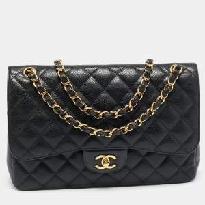 Pre Owned Chanel Classic Double Flap Jumbo Black Quilted Caviar Leather Bag