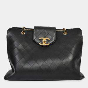 Pre Owned Chanel 1991/94 Black Leather Quilted XL Supermodel Weekender Tote