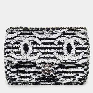 Pre Owned Chanel 24S Black/White Sequins CC Mini Single Flap Bag