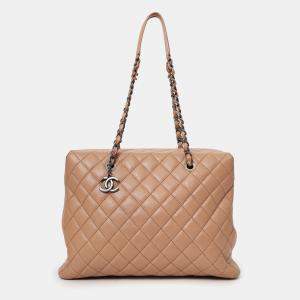 Pre Owned Chanel 2015-16 Beige Caviar Leather Quilted City Large Shopping Tote