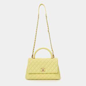 Pre Owned Chanel 2017-18 Yellow Caviar Leather Medium Coco Top Handle With Strap