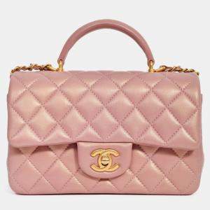 Pre Owned Chanel 2021 Rose Iridescent Quilted Lambskin Mini Rectangle Top Handle