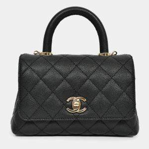 Pre Owned Chanel Black Caviar Extra Mini Coco Handle Flap Bag