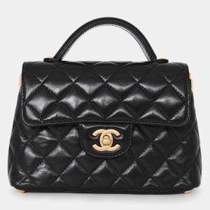 Pre Owned Chanel 2025 Black Lambskin Mini Top Handle Chain Bag