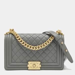 Pre Owned Chanel Boy Medium Grey Quilted Leather Flap Bag