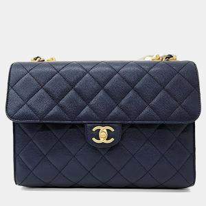 Pre Owned Chanel Navy Blue Leather Chanel Caviar Chain Shoulder Bag
