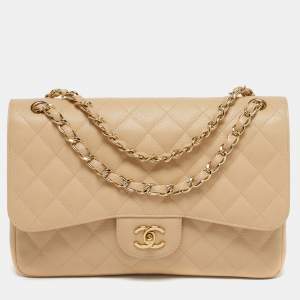 Pre Owned Chanel Classic Double Flap Jumbo Beige Quilted Caviar Leather Bag