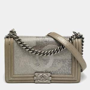 Pre Owned Chanel CC Crystal Boy Medium Grey Leather Flap Bag