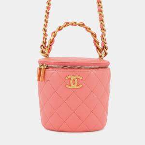 Pre Owned Chanel Vanity Top Handle Shoulder Bag Pink Lambskin