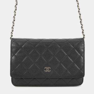 Pre Owned Chanel Matelasse Chain Wallet Black Caviar Leather