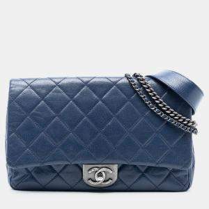 Pre Owned Chanel Blue Large Quilted Goatskin Double Carry Waist Chain Flap