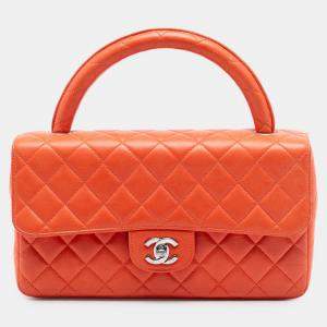 Pre Owned Chanel Orange Lambskin Parent Kelly Flap