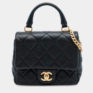 Pre Owned Chanel Black Mini Quilted Caviar Top Handle Flap