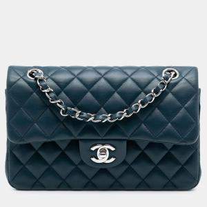 Pre Owned Chanel Blue Small Classic Lambskin Double Flap