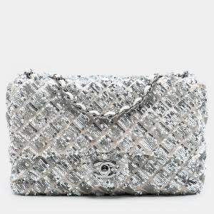 Pre Owned Chanel Silver Medium Satin Seasonal Sequin Flap