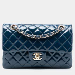 Pre Owned Chanel Blue Small Classic Patent Double Flap