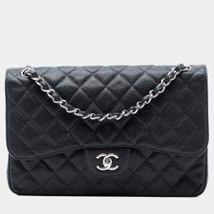 Pre Owned حقيبة شانيل جامبو كلاسيك كافيار سوداء بفلايت مزدوجة