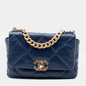 Pre Owned Chanel Blue Medium Lambskin 19 Flap