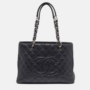 Pre Owned Chanel Grand Shopper Black Quilted Caviar Leather Tote