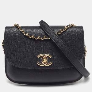 Pre Owned Chanel CC Curved Black Leather Flap Crossbody Bag