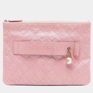 Pre Owned Chanel Pink Large Quilted Iridescent Caviar Night by the C O Case Clutch