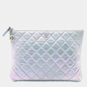 Pre Owned Chanel Silver Medium Quilted Metallic Aged Calfskin O Case Clutch