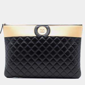 Pre Owned Chanel Black Gold Large CC Bicolor Quilted Lambskin Clutch