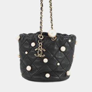 Pre Owned Chanel Pearlchain Mini Shoulder Bag Black Lambskin Faux Pearl