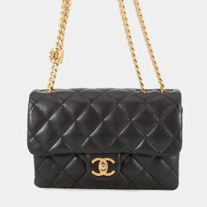 Pre Owned Chanel Matelasse Small Flap Bag Black Lambskin