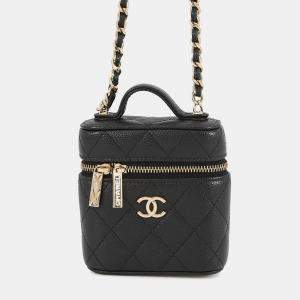 Pre Owned Chanel Matelasse 2Way Chain Vanity Case Black Caviar Leather