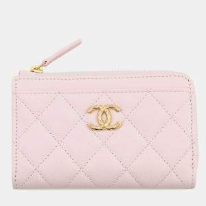 Pre Owned Chanel Cc Logo Zip Card Case Fragment Case Pink Caviar Leather
