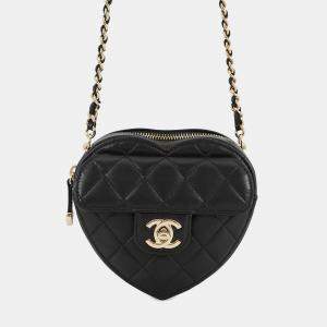 Pre Owned Chanel Matelasse Heart Chain Shoulder Bag Black Lambskin
