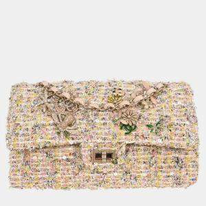 Pre Owned Chanel Light Pink Tweed 2.55 Medium Classic Double Flap Shoulder Bag